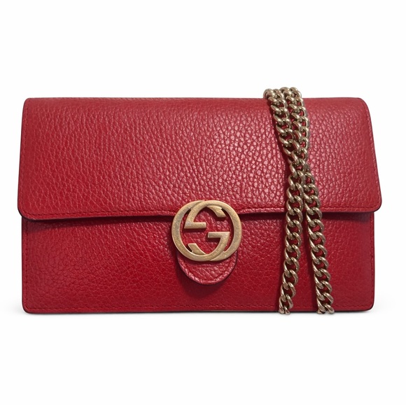 GUCCI Red Leather Interlocking GG Crossbody Wallet On Chain Shoulder Bag